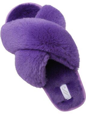 Women's Purple Fuzzy Fluffy House Cozy Criss Cross Furry Open Toe Slipper Shoes